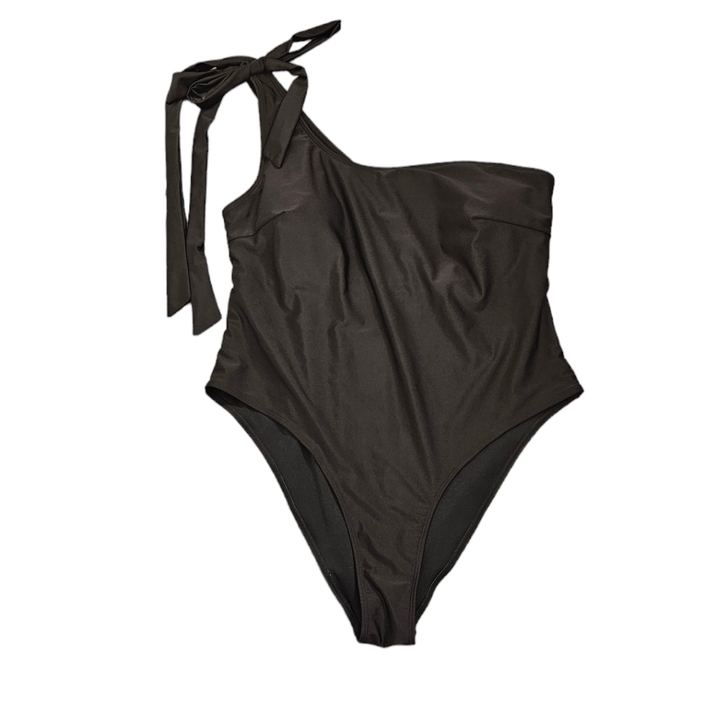 Drape One Shoulder Black Slenderizing One-Piece Swimsuit, 3XL